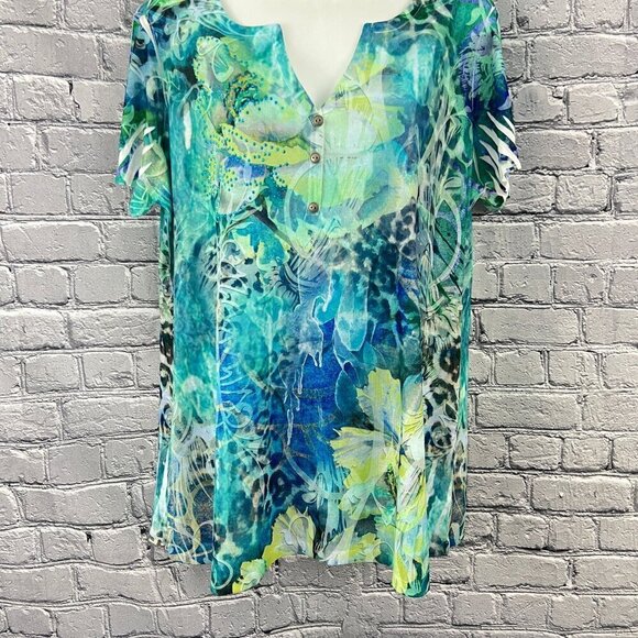 Style & Co Woman 1X Blue Green Floral Beaded V-Neck Short Sleeve Top - Picture 2 of 8